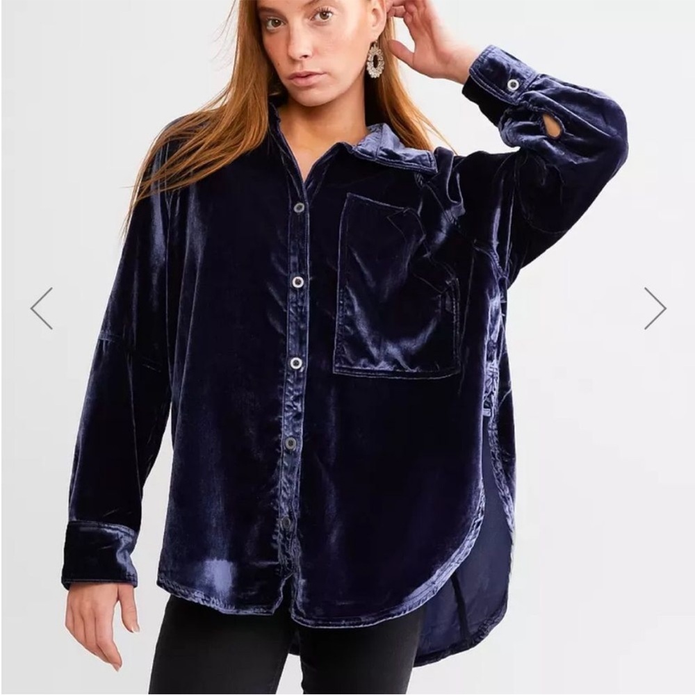 We The Free Velvet Button-Up Shirt - Dark Blue